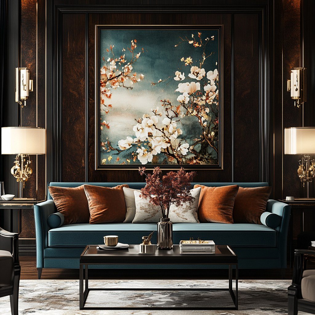 Rendered luxury living room with teal sofa and floral artwork