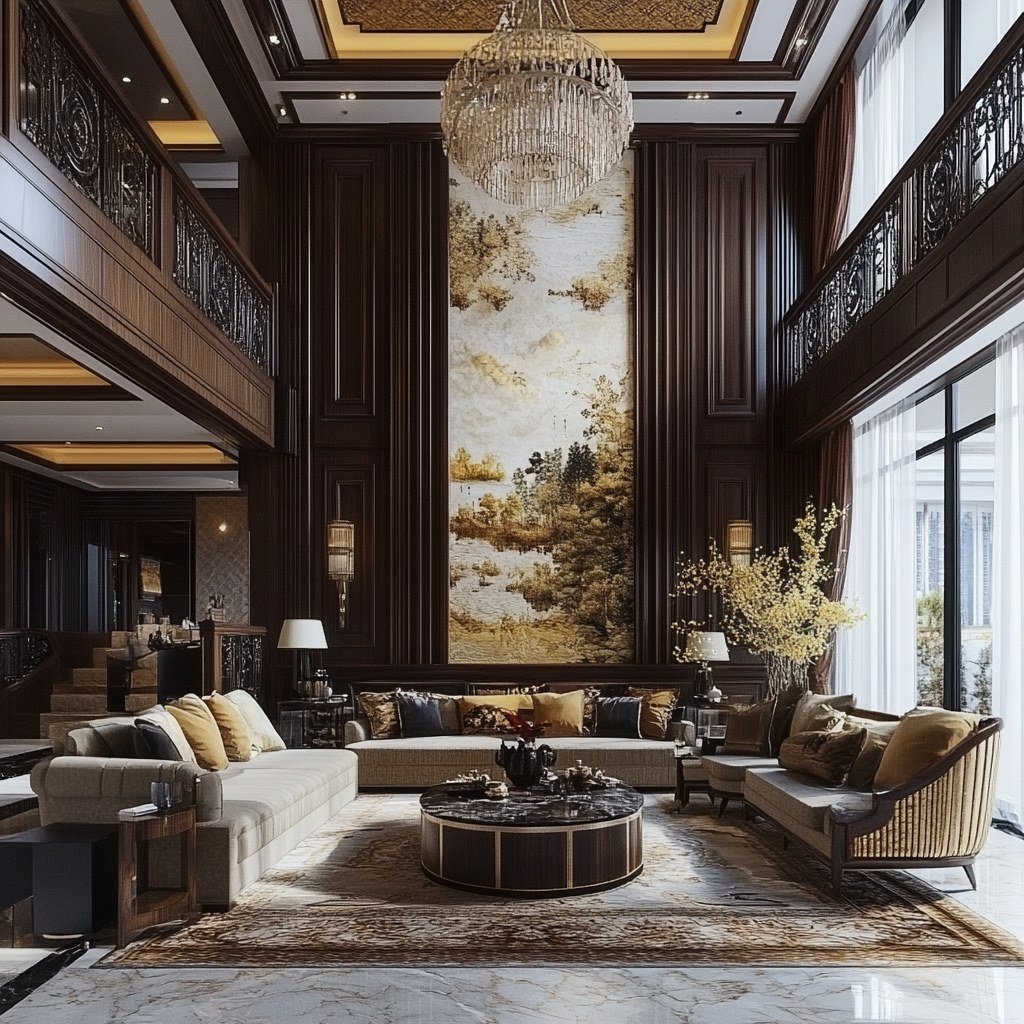 Rendered double-height lounge with dramatic lighting